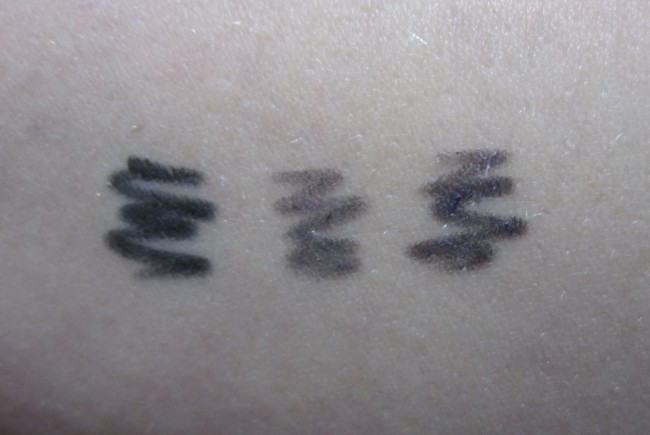 GOSH The Ultimate Eyeliner swatches from left to right: Back in Black, Raw Grey and Kind of Blue.