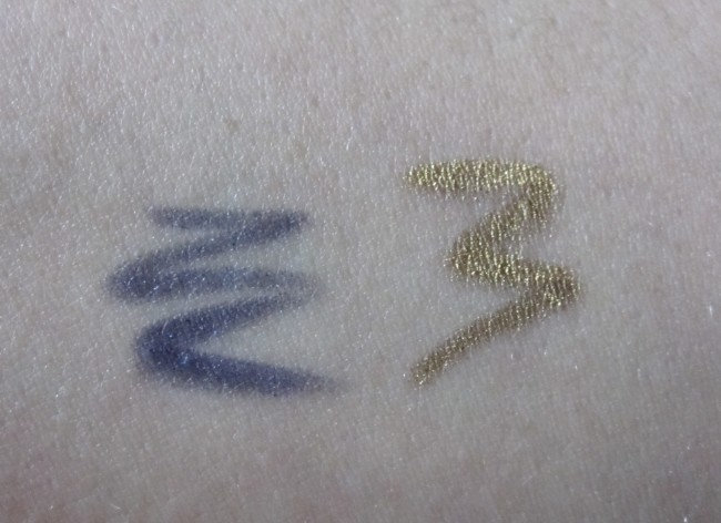 GOSH Velvet Touch Eyeliner swatches from left to right: Fashionista and Renaissance Gold