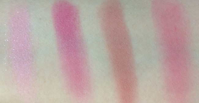 L-R: RMK Shiny Pink, Clinique Berry Pop, Liz Earle Blossom, Tarte Fearless.
