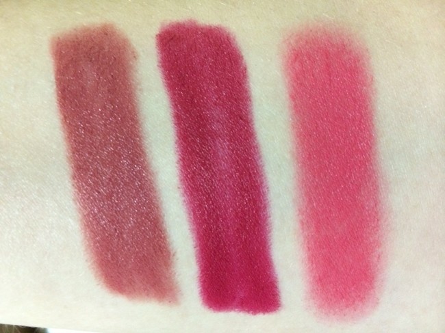 From L-R: Matte Lip Crayon in Raspberry Red and Raspberry Wine and Pop & Glow in Watermelon.