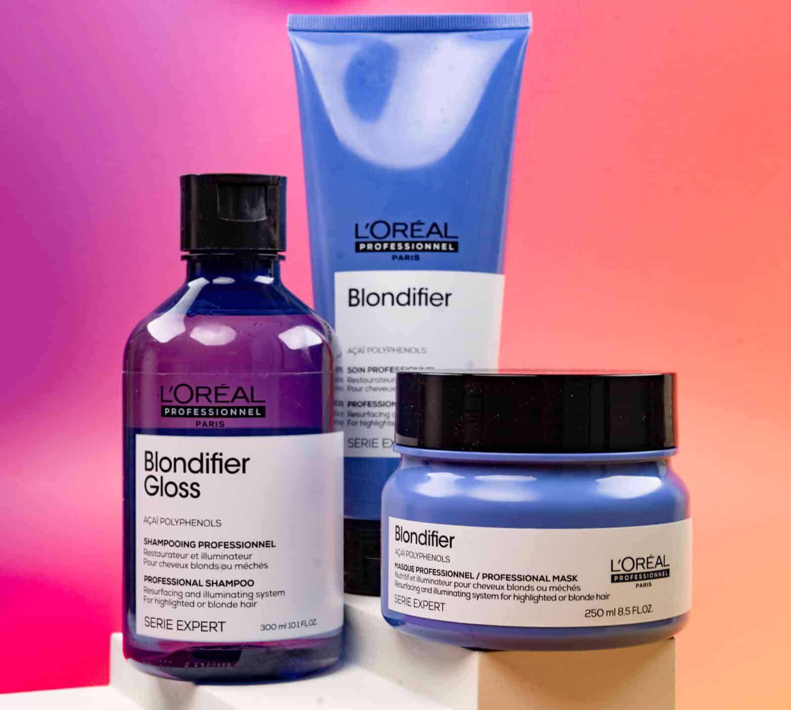 L'Oreal Professionnel Blondifier Range featuring the Blondifier Gloss shampoo, Blondifier Condition and mask